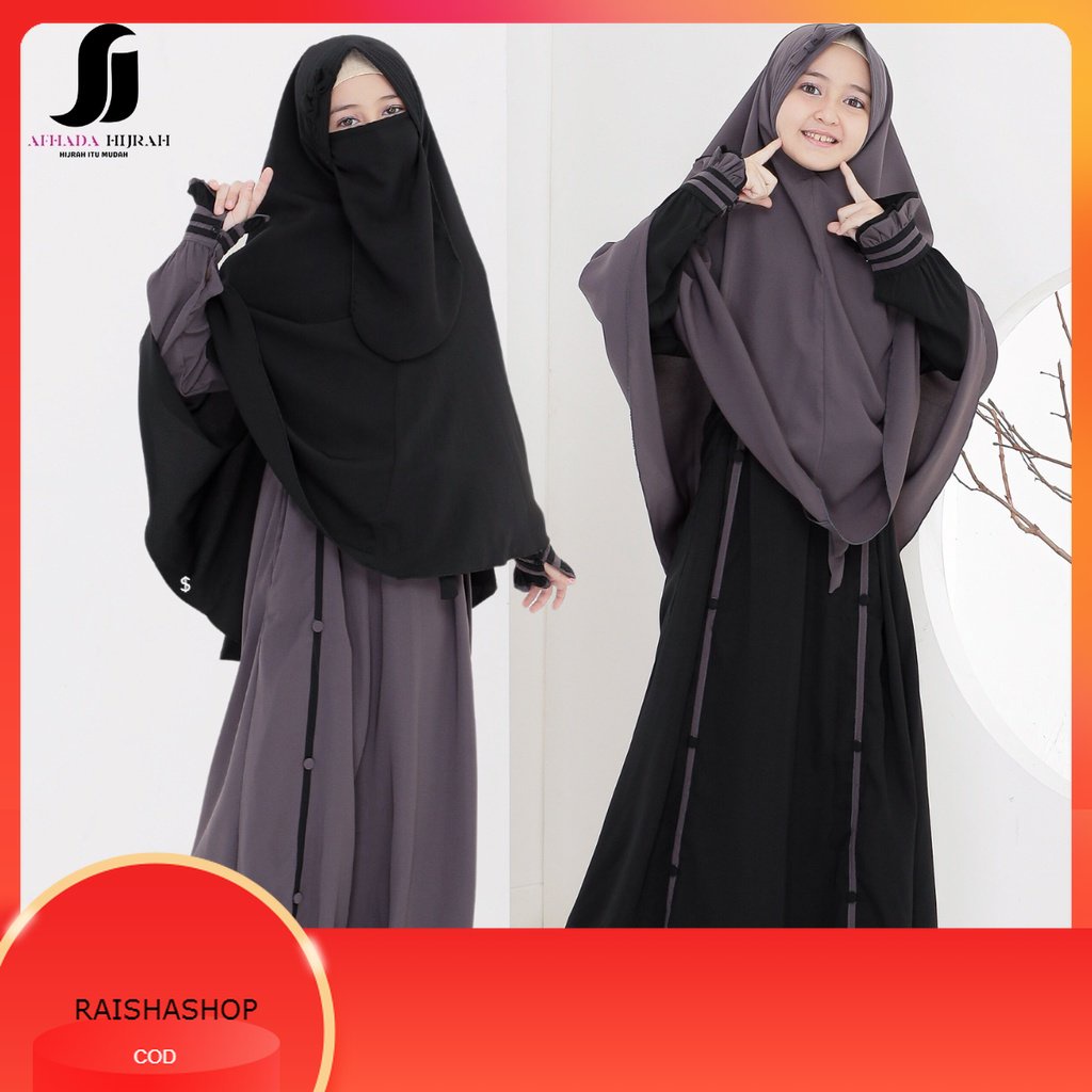 Gamis anak perempuan set cadar NAJWA  abu hitam  terbaru baju dan hijab instan syari free niqab