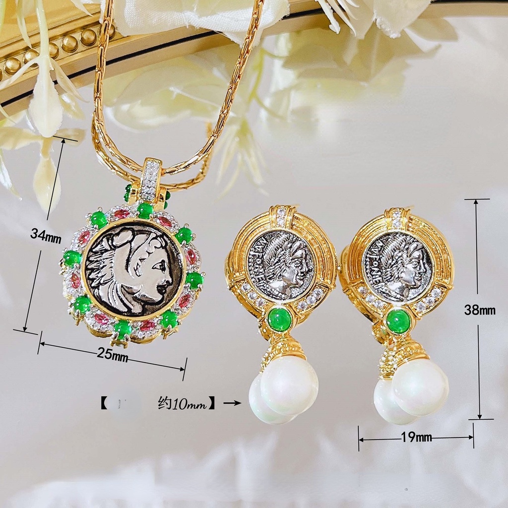 Goldkingdom Fashion Perhiasan Aksesoris Ready Stock French Retro Portrait Pearl Earring Set Wanita Bermutu Tinggi Relief Apollo Koin Kuno Liontin Kalung