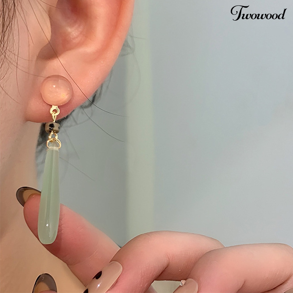 Twowood 1pasang Anting Menjuntai Gaya Cina Elegan Mulia Giok Imitasi Kalsedon Manik Drop Earrings Perhiasan Aksesoris