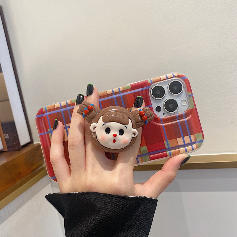 Lovely Girl Popsocket Soft Case iP iPhone 6 6S 7 8 14 + Plus SE 2020 X XS XR 11 12 13 Pro Max Red Plaid Photo Frame Casing Apple