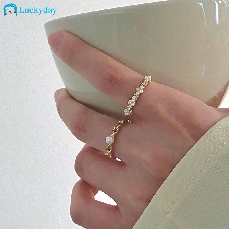 YEEZII 2pcs/set Elegant Gold Rings for Women  Pearl Matte Wave Twists Ring Set Jewelry Fashion Accessories