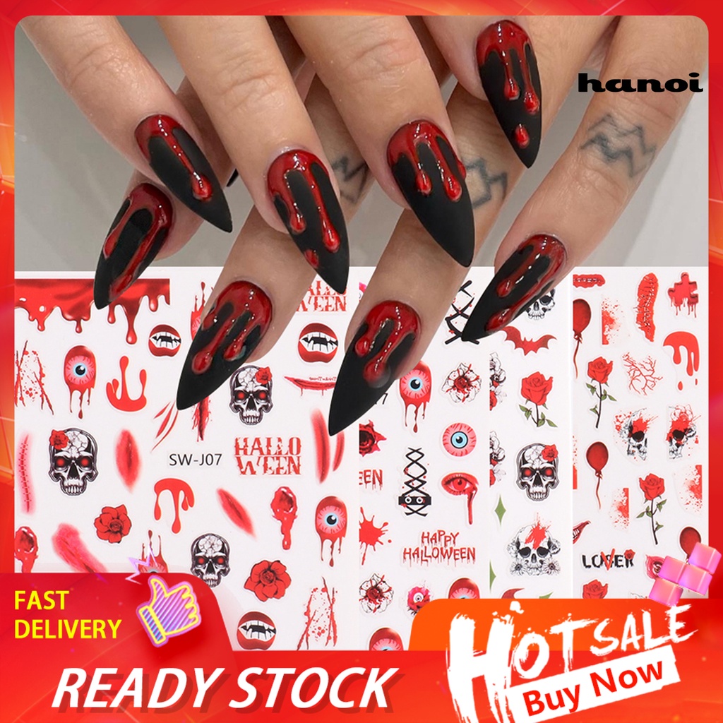 Hi Manicure Decal Self Adhesive Tahan Air Dapat Dilepas Ultra-Tipis Mudah Diterapkan Meningkatkan Suasana Hewan Peliharaan Halloween-Gaya Bloody Stiker Kuku Manicures Desain Perlengkapan Kuku