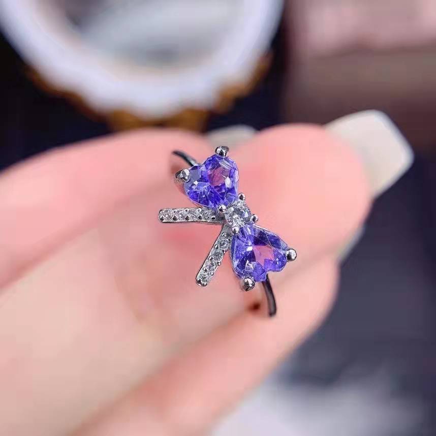 Goldkingdom Fashion Perhiasan Aksesoris Ready Stock Niche Desain Cincin Tanzanite Alami Trendi Busur Halus Ins-Gaya Terbuka Berwarna Harta Cincin