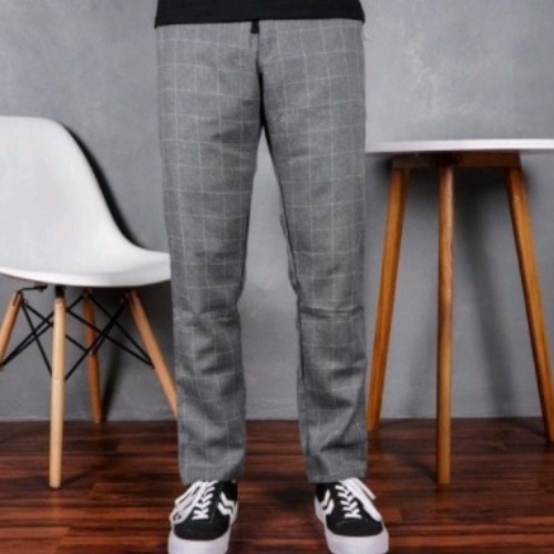 GMK - Celana Panjang Pria Kotak Kotak Tartan All Size Hitam Navy Abu