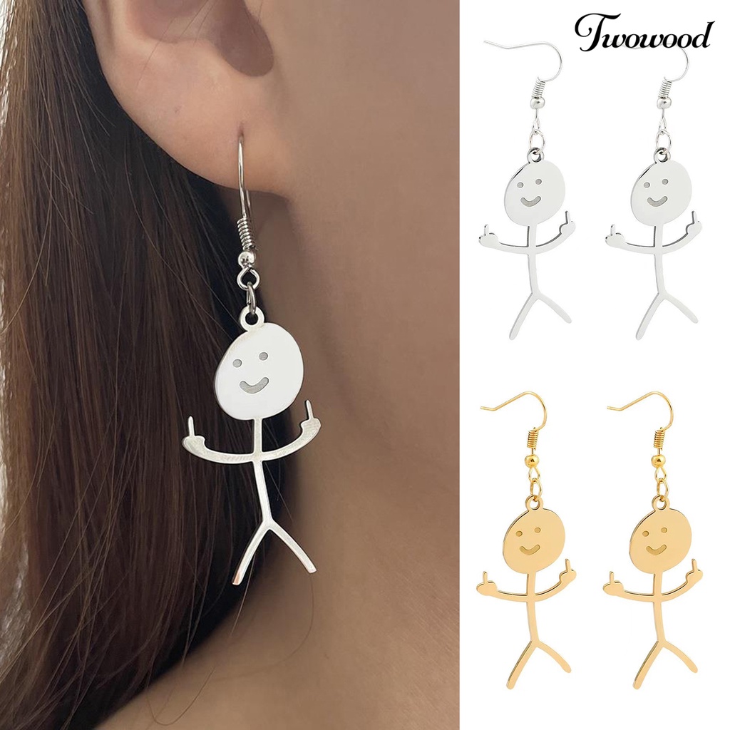 Twowood 1pasang Menjuntai Anting Handmade Geometris Piercing Eye-catching Electroplating Dekorasi Wanita Lucu Punk Stickman Hook Earrings Fashion Perhiasan