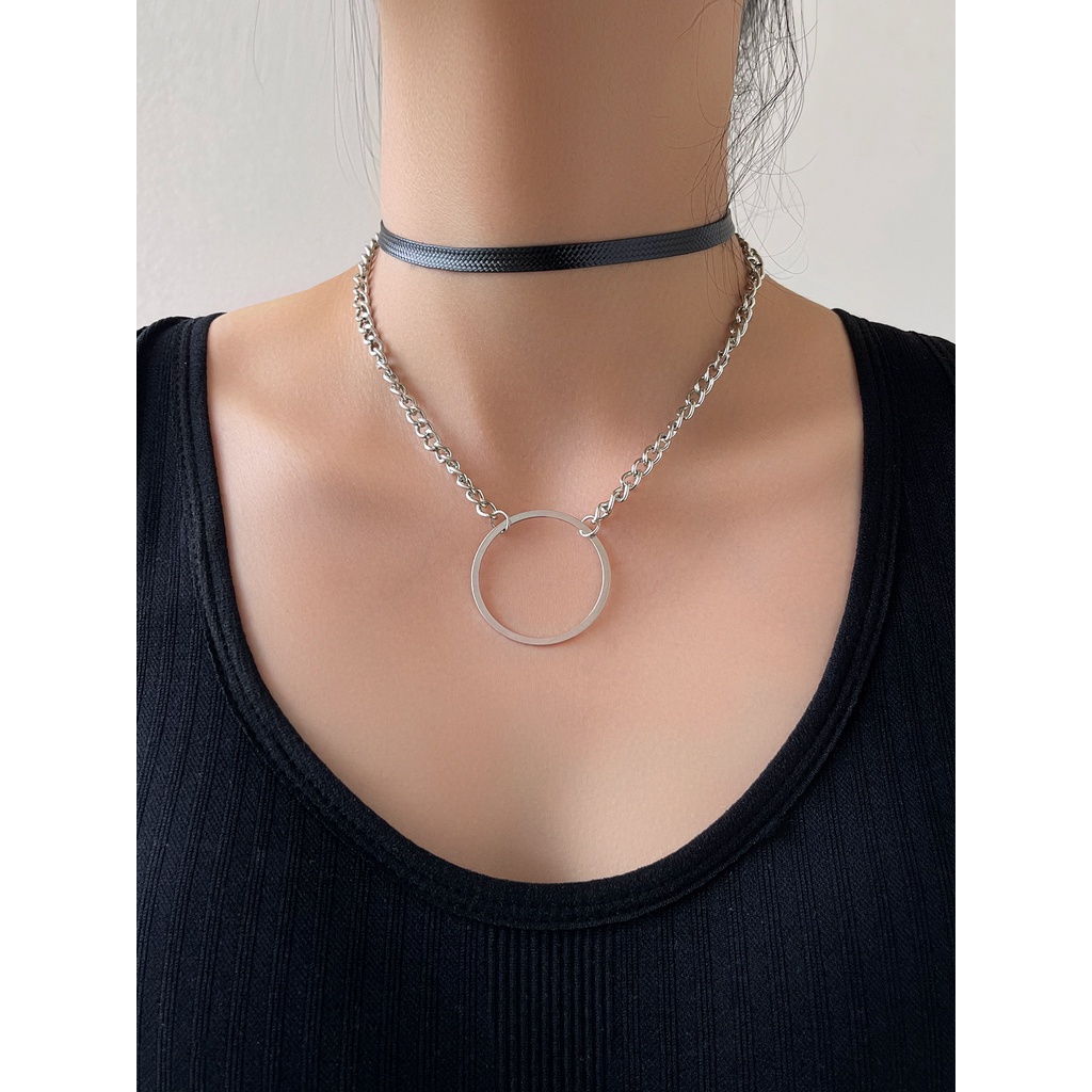 Fashion Kepribadian Fashion Retro Ganda Kalung Kulit Lingkaran Logam Kalung 1 Pcs