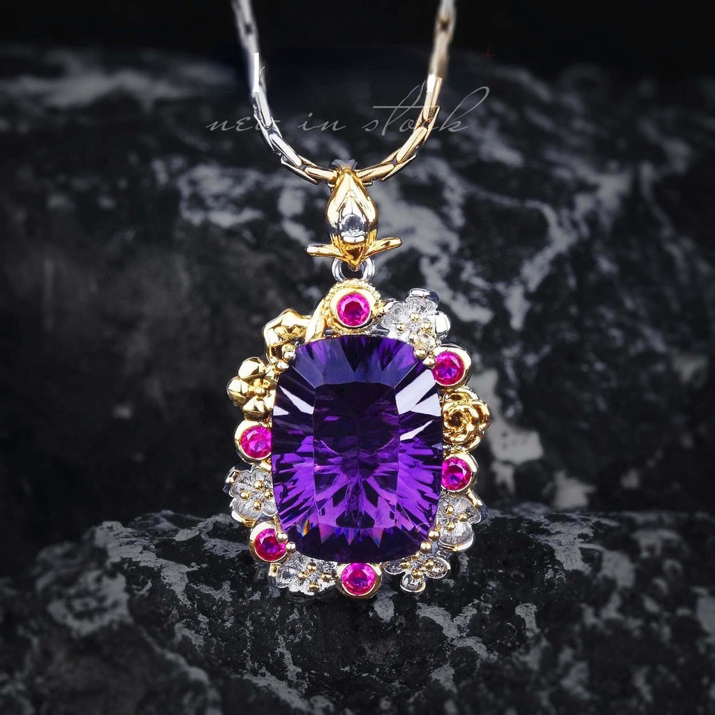 Goldkingdom Fashion Perhiasan Aksesoris Ready Stock Menenun Terukir Emas Asli Kadar 375 Perhiasan Tinggi Kalung Milenium Potong Lemon Kristal Liontin Amethyst Kalung