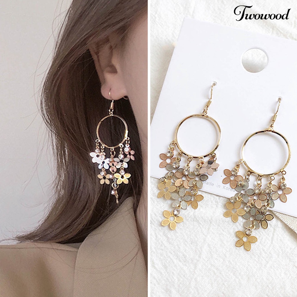 Twowood 1pasang Menjuntai Anting Bunga Dreamcatcher Desain High Gloss Cubic Zirconia Glitter Berdandan Temperamen Bohemian Rumbai Drop Earrings Perhiasan Aksesori