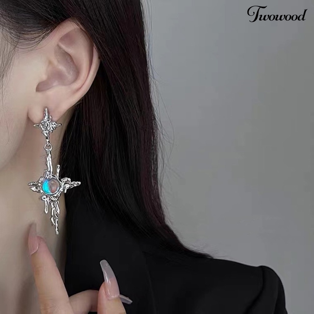 Twowood 1pasang Drop Earrings Tidak Teratur Logam Cair Panjang Rumbai Hip Hop Kilau Terang Hias Hadiah Wanita Salib Faux Moonstone Pendant Stud Earrings Perhiasan Aksesori Fashion