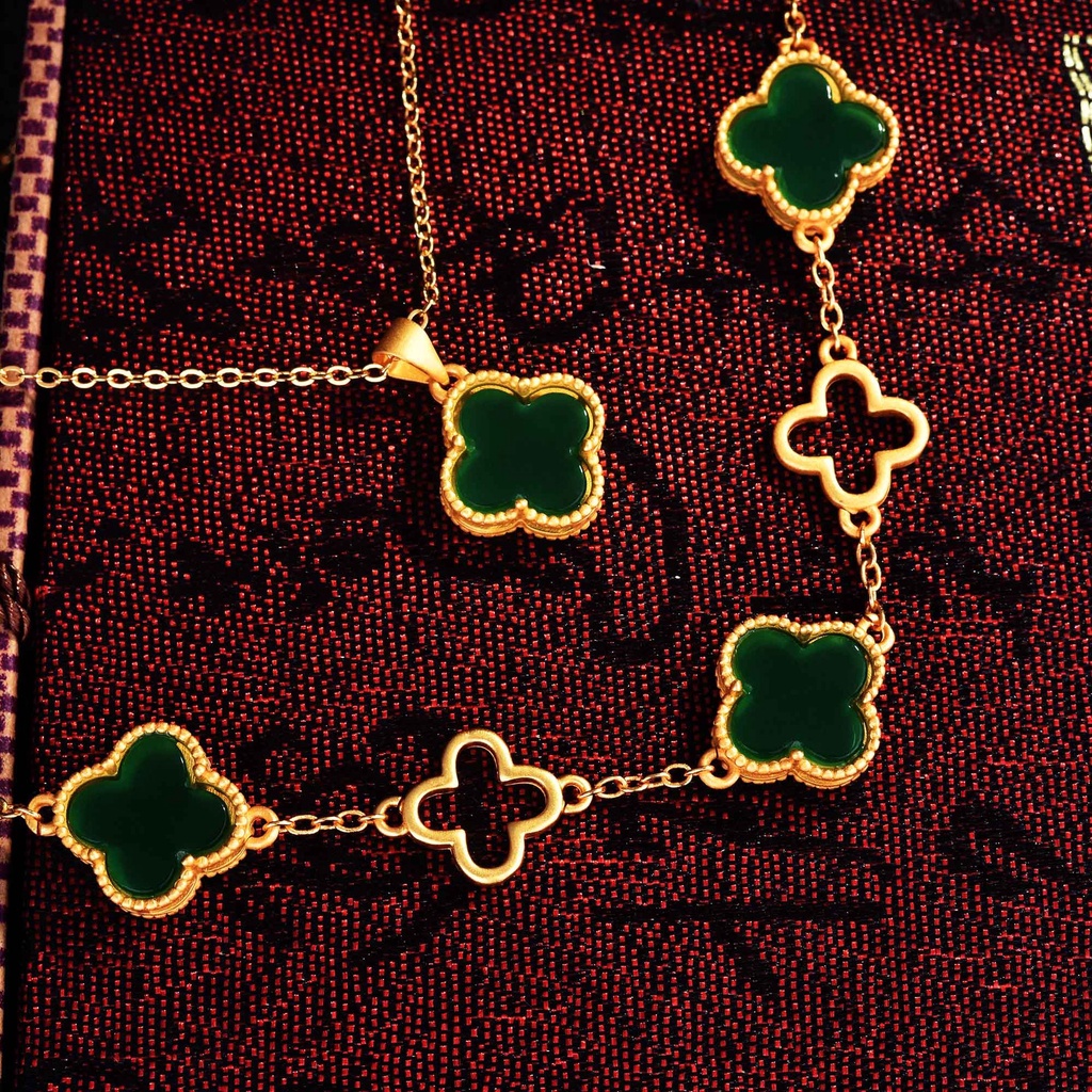 Goldkingdom Aksesoris Perhiasan Fashion Ready Stock Gelang Perak Lapis Emas Empat Daun Rumput Jasper Kalung Aksesoris Pakaian Cina Berlapis Emas Hetian Kalsedon Liontin
