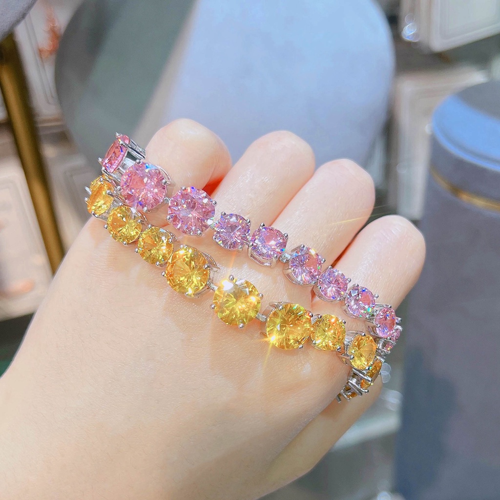 Goldkingdom Fashion Perhiasan Aksesoris Ready Stock Cahaya Mewah Penuh Berlian Kuning Zirkon Gelang Perempuan Mewah Pink Kristal Merah Muda Berlian Gelang Perhiasan Grosir