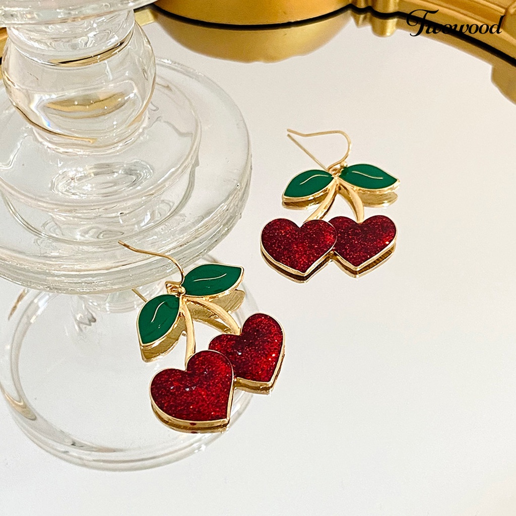 Twowood 1pasang Anting Kait Lucu Bentuk Buah Daun Hijau Tetesan Minyak Cherry Merah Wanita Drop Earrings Fashion Jewelry