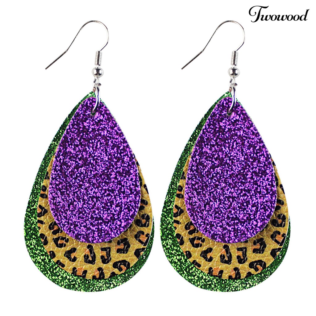 Twowood 1pasang Anting Kait Warna-Warni Glitter Teardrop Berbentuk Daun 3lapis Kulit Imitasi Menjuntai Anting Perlengkapan Karnaval