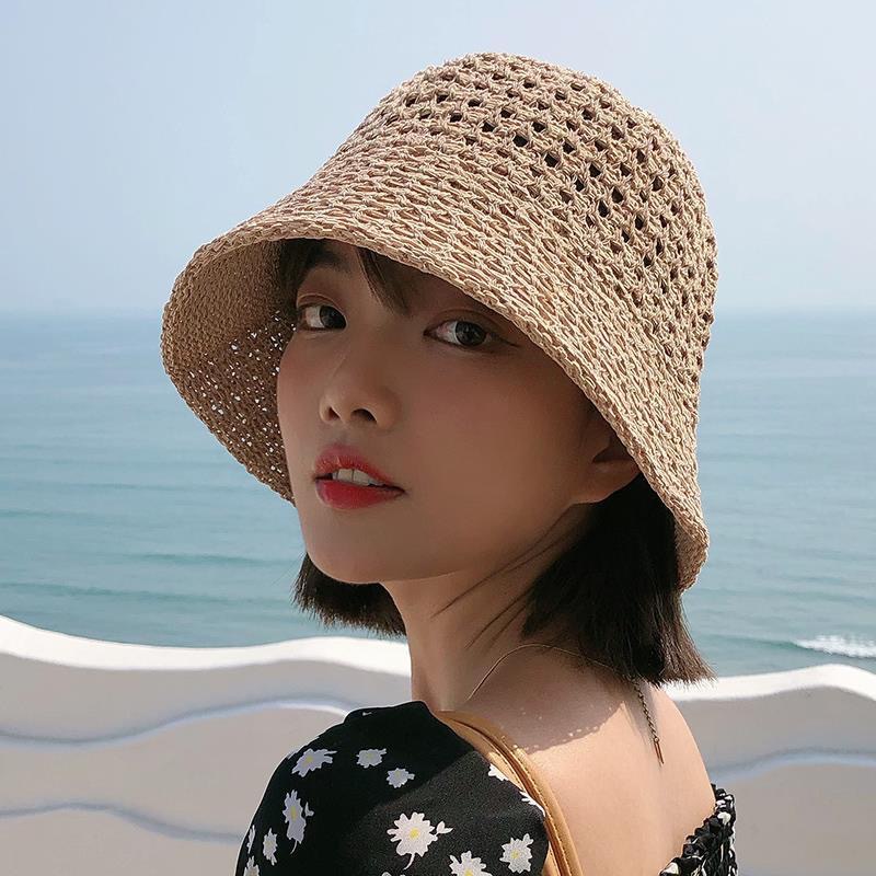 Korea Musim Panas fisherman Topi Wanita Berongga Keluar Anyaman Kasual Topi Bernapas Tabir Surya Pantai bucket hat women