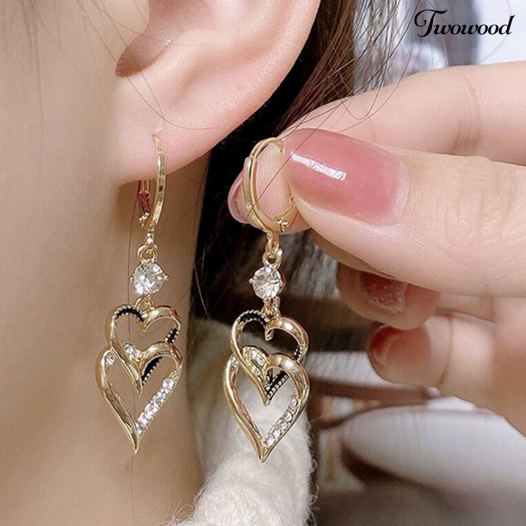 Twowood 1pasang Anting Menjuntai Retro Korea Gaya Double-layers Cinta Hati Berkilau Berlian Imitasi Drop Earrings Fashion Jewelry