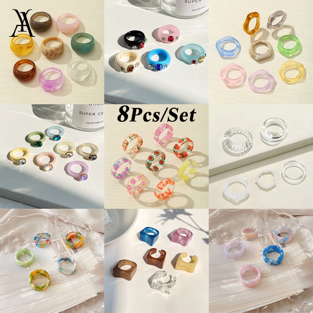 AY(CN) Set Cincin Berlian Resin Bentuk Buah Warna-Warni Gaya Korea Untuk Wanita