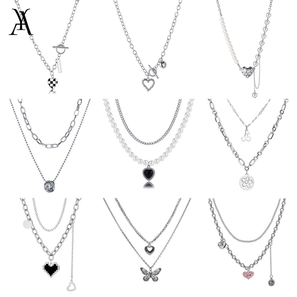 AY(CN) Kalung Rantai Choker Multilayer Liontin Butterfly Cross Heart Warna Silver Untuk Wanita