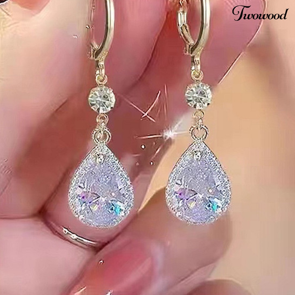 Twowood 1pasang Menjuntai Anting-Anting Tetesan Air Liontin Elegan Emas Hypoallergenic Berkilau Berlian Imitasi Wanita Anting-Anting Fashion Perhiasan