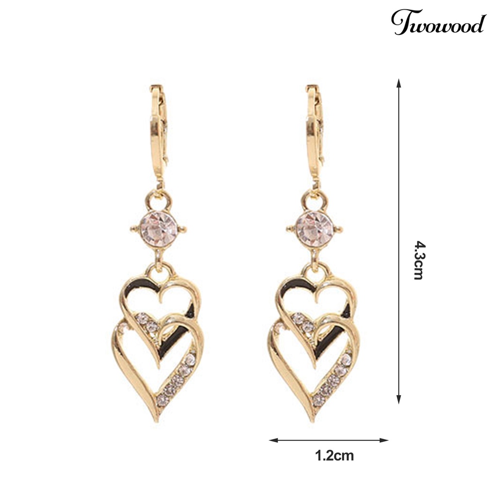 Twowood 1pasang Menjuntai Anting Vintage Berongga Keluar Mengkilap Berlian Imitasi Bertatahkan Berkilau Hias Hadiah Wanita Double-layer Hati Liontin Drop Earrings Retro Perhiasan