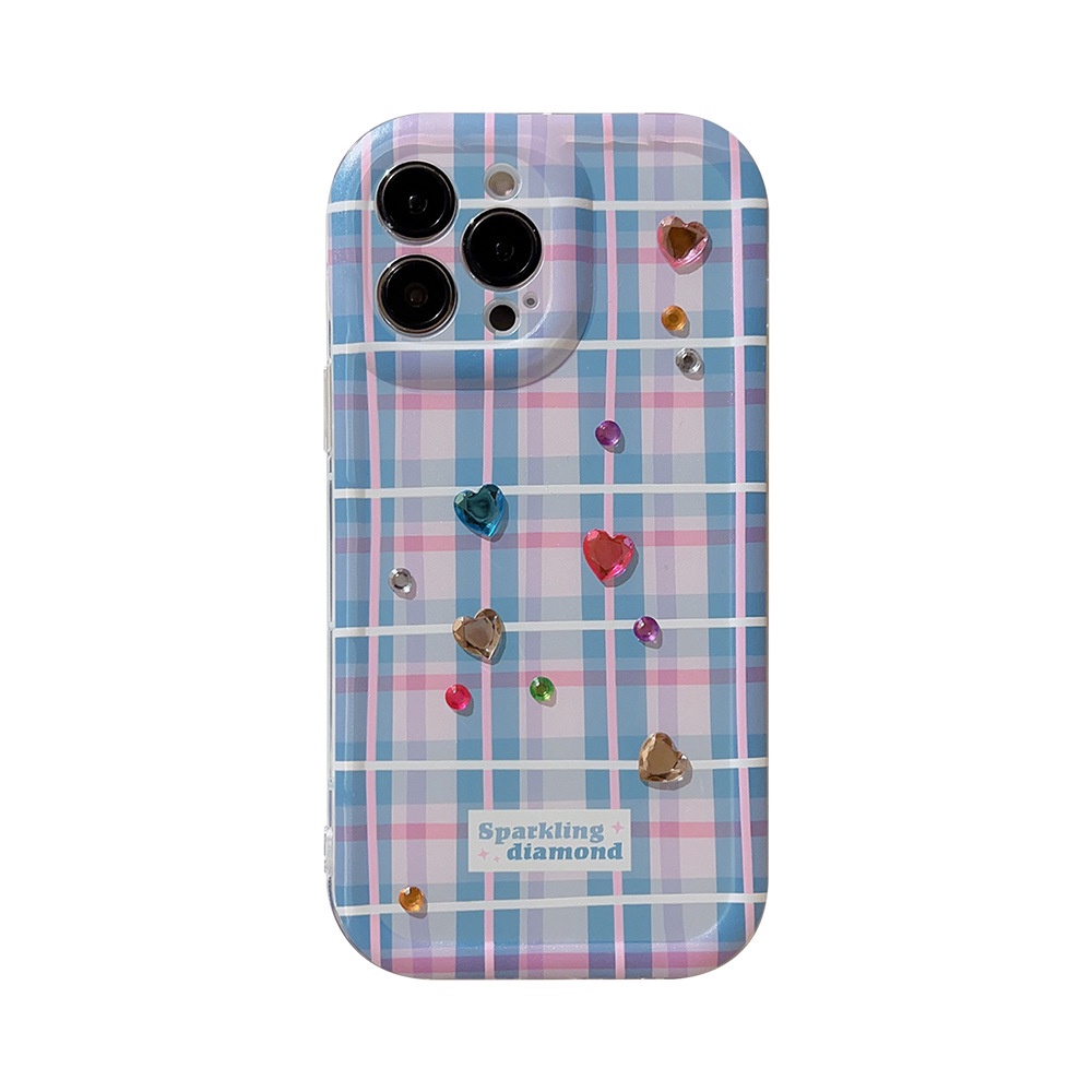 IPHONE 3d Berlian Berwarna Pink Dan Biru Little Grid Silicone Case Untuk Iphone14 11 12 13 PRO MAX Casing Cover Pelindung AT0090