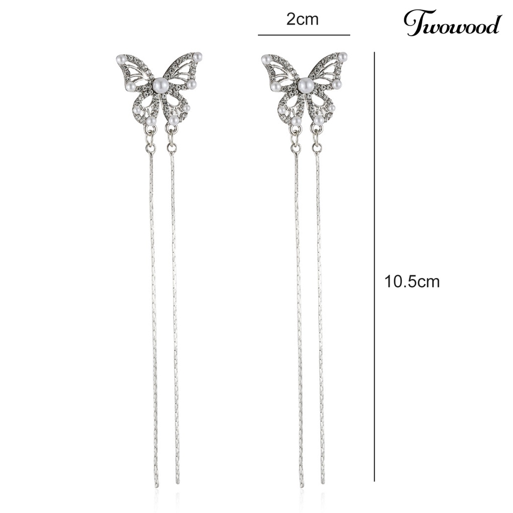 Twowood 1pasang Drop Earrings Geometris Berlebihan Temperamen Hias Mengkilap Berdandan Elegan Klasik Berlian Imitasi Kupu-Kupu Rumbai Anting Perhiasan Fashion