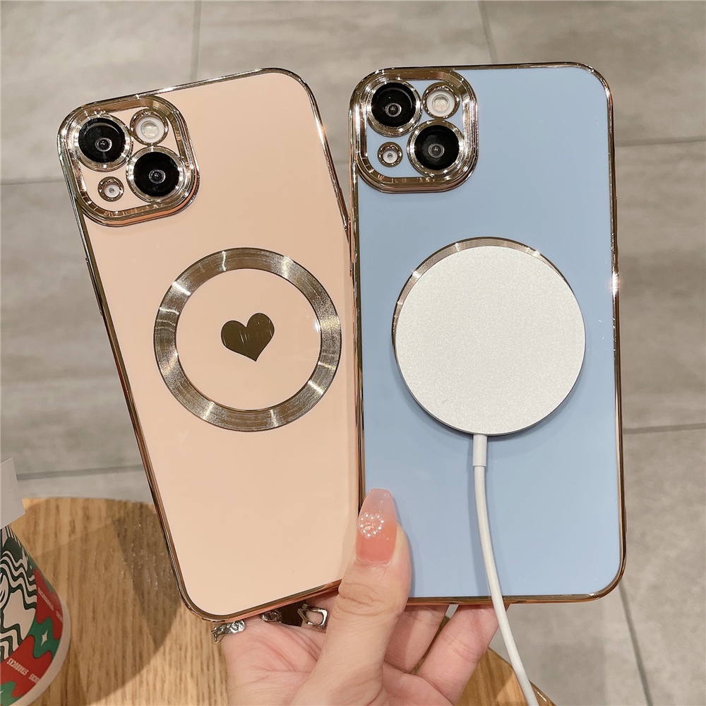 IPHONE Luxury Plating Love Heart Untuk Mag Magnetic Wireless Charge Case Untuk Iphone11 12 13 14 Pro Max XR X XS 7 8Plus SE Soft Cover