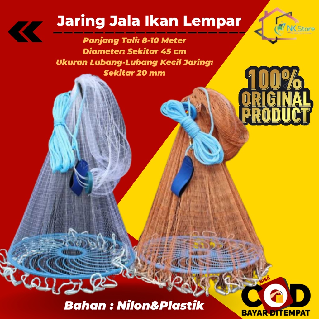 Jaring Jala Pancing Penangkap Ikan Lempar Ukuran Diameter 3.4-4.2M Panjang 10 Meter Bahan Nilon Original