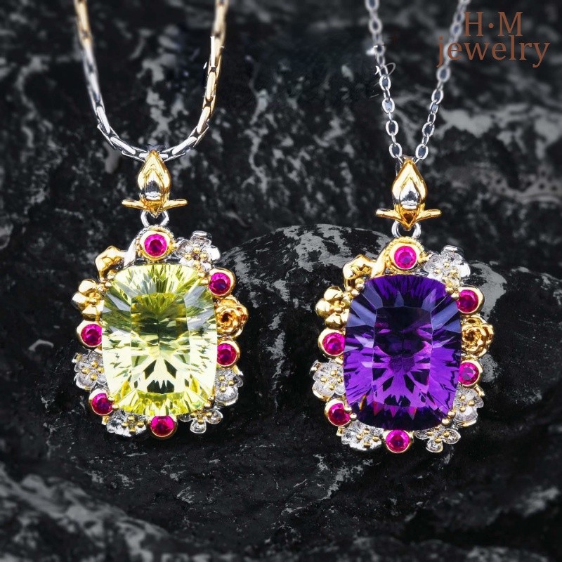 Kalung Emas Ukir Anyaman Lemon Crystal Pendant Amethyst Ornament