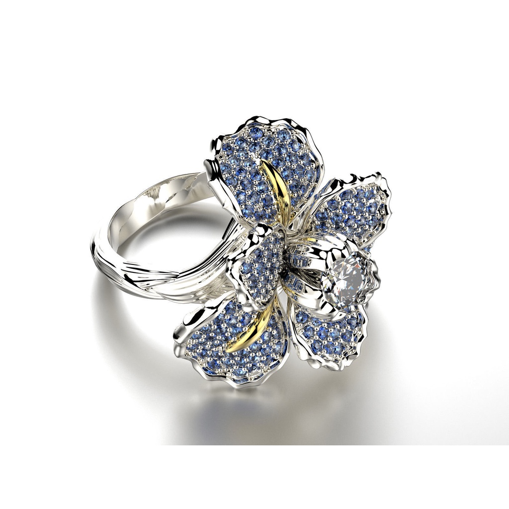 Goldkingdom Fashion Perhiasan Aksesoris Ready Stock Wei Berlian-Berukir Iris Ganda-Warna Cincin Eropa Dan Amerika Topaz Biru Bunga Pertunangan Cocktail Ring