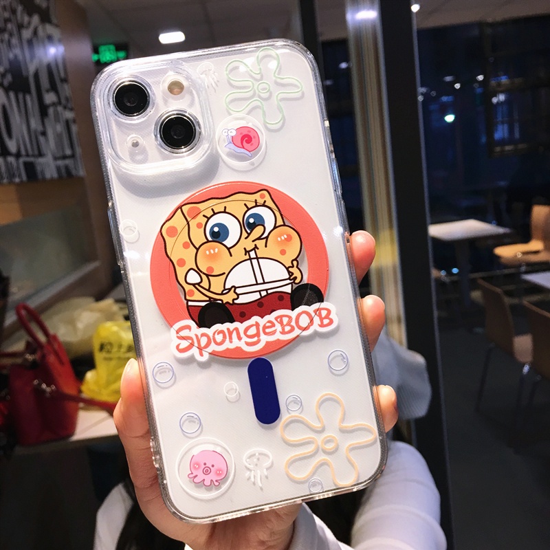 IPHONE Untuk Iphone14 13 12 11 Pro Max Ponsel Transparan Magnetik Soft case Kartun Lucu Spongebob