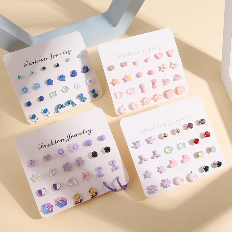 12pasang/set Sederhana Fashion Hati Bintang Bunga Anting Tusuk Donat Dolphin Mermaid Earrings Jewelry Untuk Wanita Anak