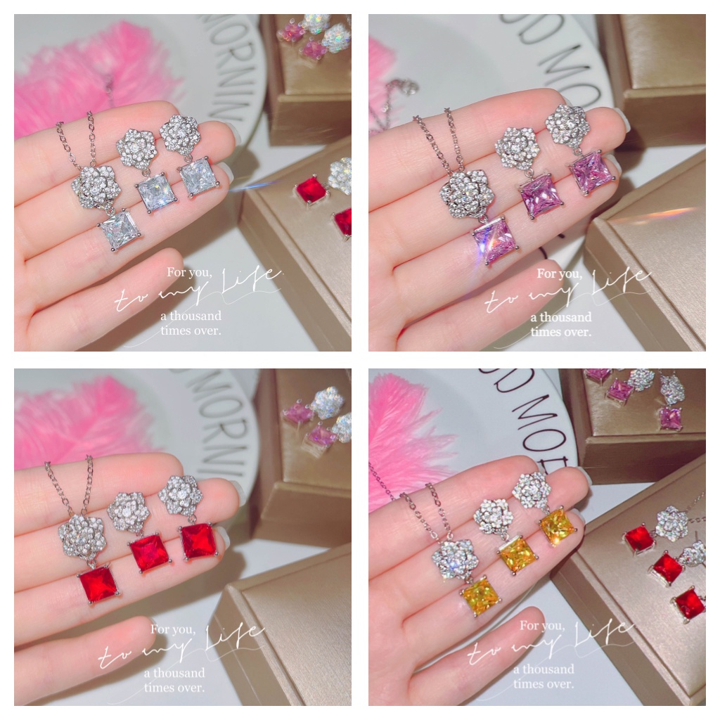 Goldkingdom Fashion Perhiasan Aksesoris Ready Stock Baru Bunga Mawar Pesona Camelia set Indah Kilau Fashion Micro-set Zirkon Anting Liontin Kalung