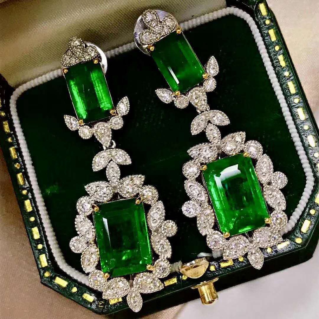 Goldkingdom Fashion Perhiasan Aksesoris Ready Stock Mewah Bertatahkan Natural Emerald Princess Square Berlian Anting Eropa Dan Amerika Engagement Party Earrings Earrings Perempuan