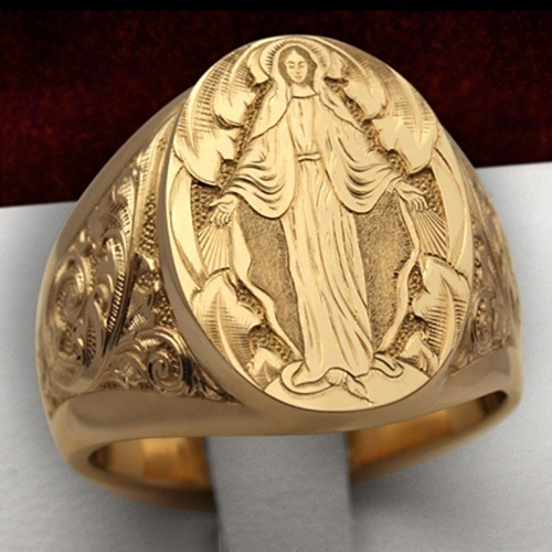 Goldkingdom Aksesoris Perhiasan Fashion Ready Stock Elegan Netral Cincin Berlapis Emas Virgin Mary Berkah USA Emblem Handcarved Cincin Religi