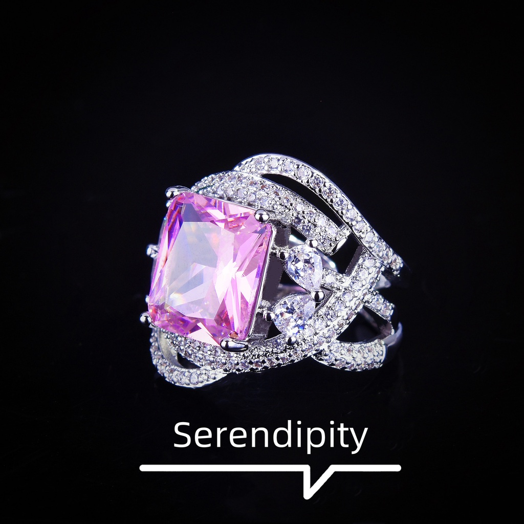 Goldkingdom Fashion Perhiasan Aksesoris Ready Stock Tiktok Hidup Desain Industri Berat Caibao Cincin Berlian Tangan Hias Argyle Pink Berlian Putri Square Diamond Wrapped Ring