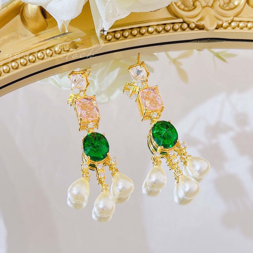 Goldkingdom Aksesoris Perhiasan Fashion Ready Stock French Vintage Streaming Warna-Warni Anting Mutiara Imitasi Berlian Hijau Harta Karun Warna-Warni Anting Panjang Perempuan