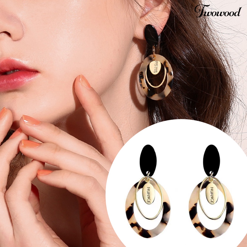 Twowood 1pasang Anting Pejantan Berlebihan Multi-Layer Berongga Besar Retro Leopard Wanita Drop Earrings Fashion Perhiasan