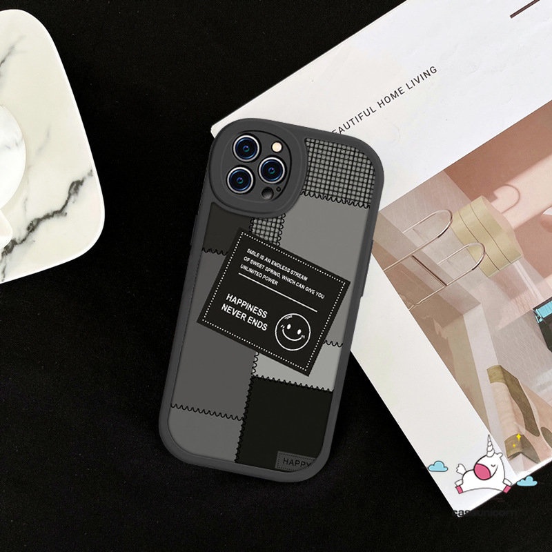 IPHONE Casing Pasangan Case Kompatibel Untuk Iphone11 12 14 13 Pro MAX 7plus 8plus 7 8 6 6s 14 Plus XR X XS MAX SE 2020 Ins Fashion Jahitan Label Hitam Smiley Lucu TPU Soft Phone Cover