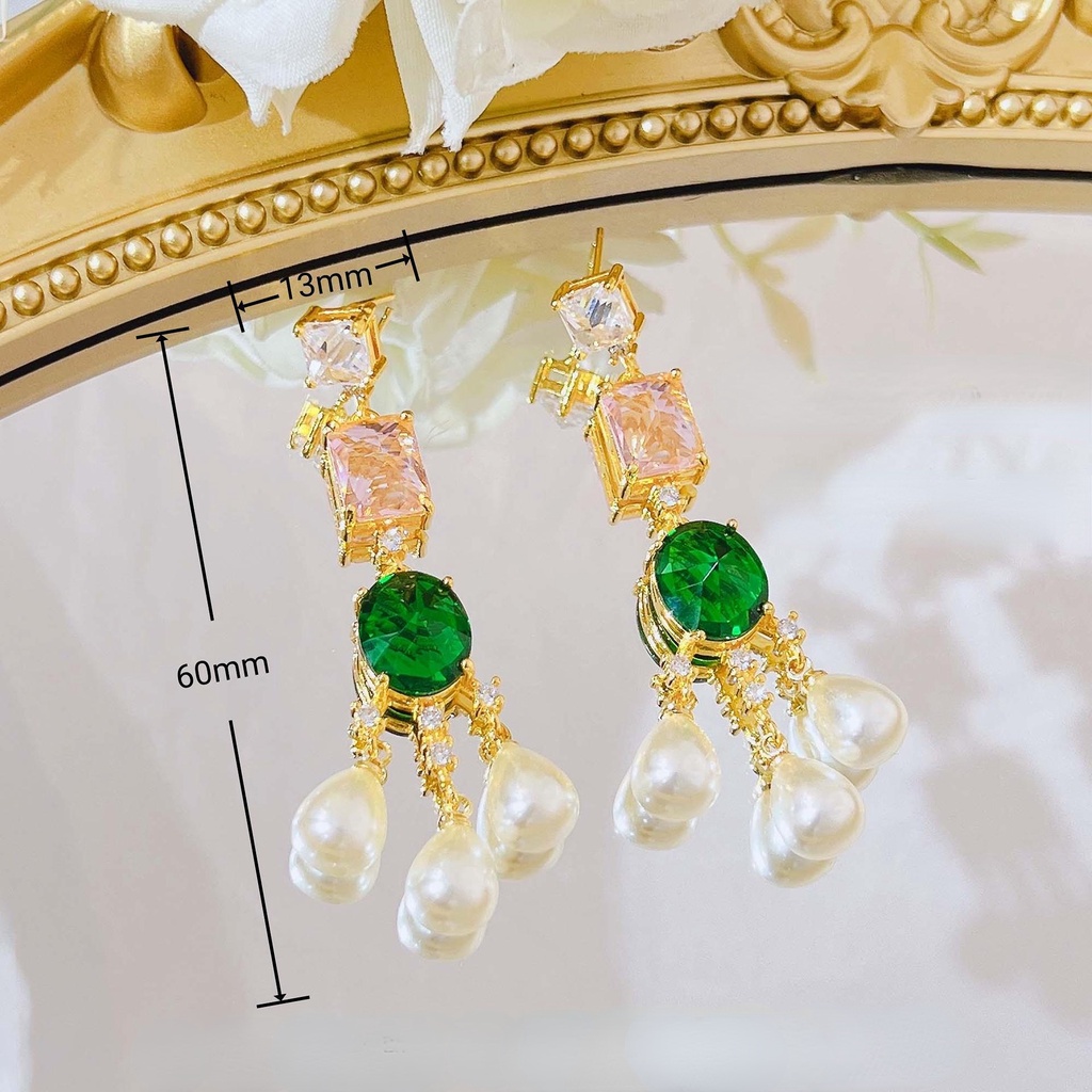 Goldkingdom Aksesoris Perhiasan Fashion Ready Stock French Vintage Streaming Warna-Warni Anting Mutiara Imitasi Berlian Hijau Harta Karun Warna-Warni Anting Panjang Perempuan