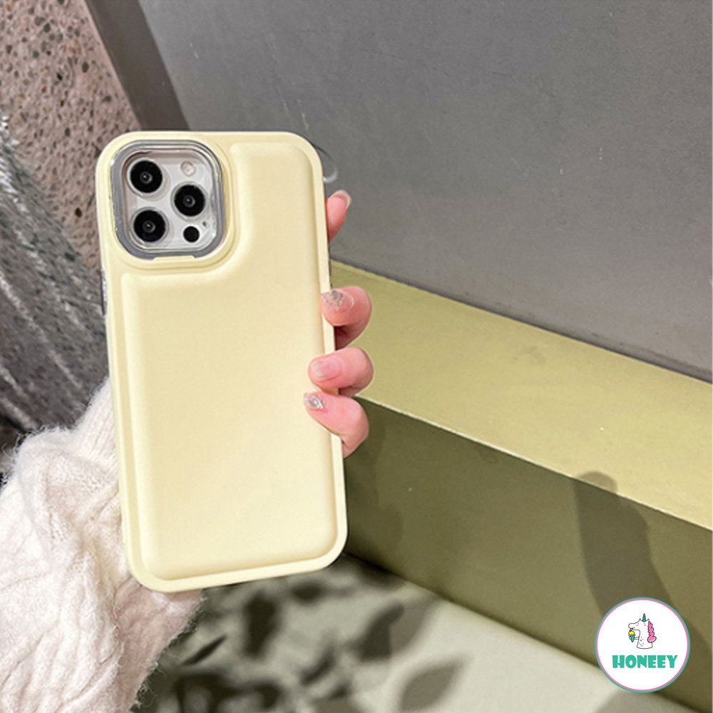 IPHONE Ins Simple Metal Lensa Shockproof Case Untuk Iphone14 12Pro 13 12 11 Pro Max Warna Solid Matte Lembut Air Cushion Back Cover