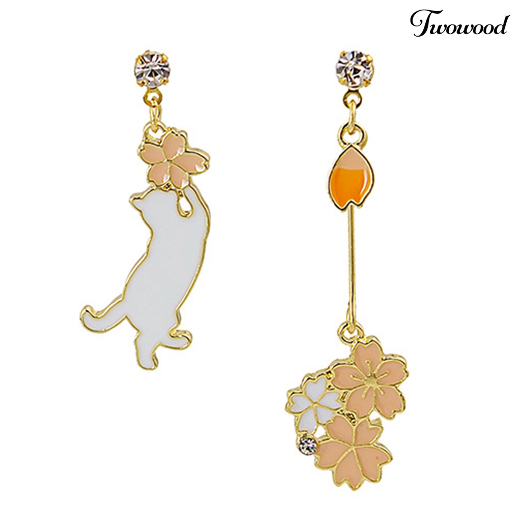 Twowood 1pasang Drop Earrings Kartun Asimetris Electroplating Liontin High Gloss Hiasan Telinga Tahan Luntur Fashion Wanita Anak Bunga Telinga Kucing Studs Untuk Pakaian Sehari-Hari