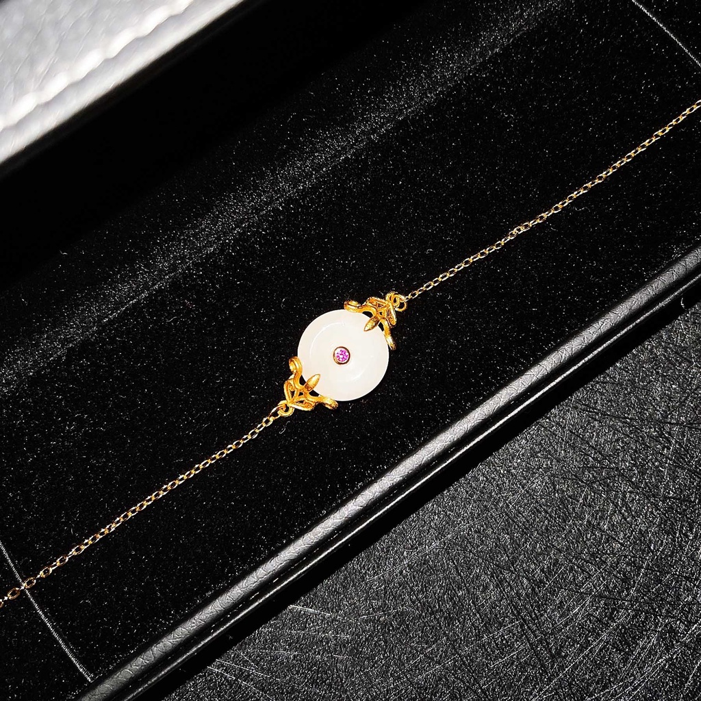 Goldkingdom Fashion Perhiasan Aksesoris Ready Stock Vintage Gaya China Klasik Pengadilan Teratai Gelang Imitasi Alami Hetian Giok Vietnam Pasir Emas Asli Kadar 375 Gold Gelang