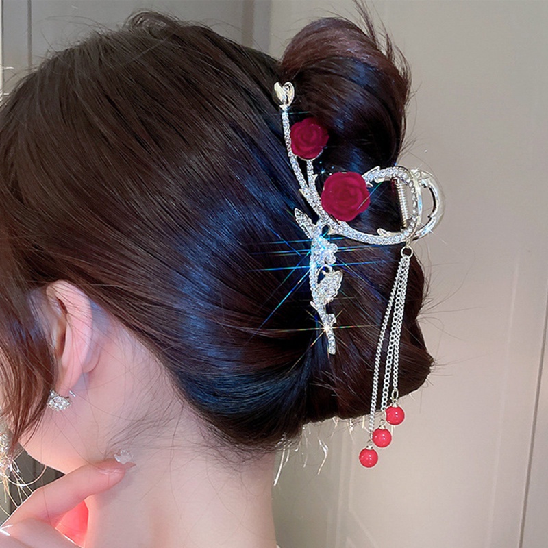 Merah Paduan Klip Rambut Berlian Imitasi Mutiara Jepit Rambut Bunga Kupu-Kupu Jumbai Rambut Cakar Wanita Tahun Baru Aksesoris Rambut