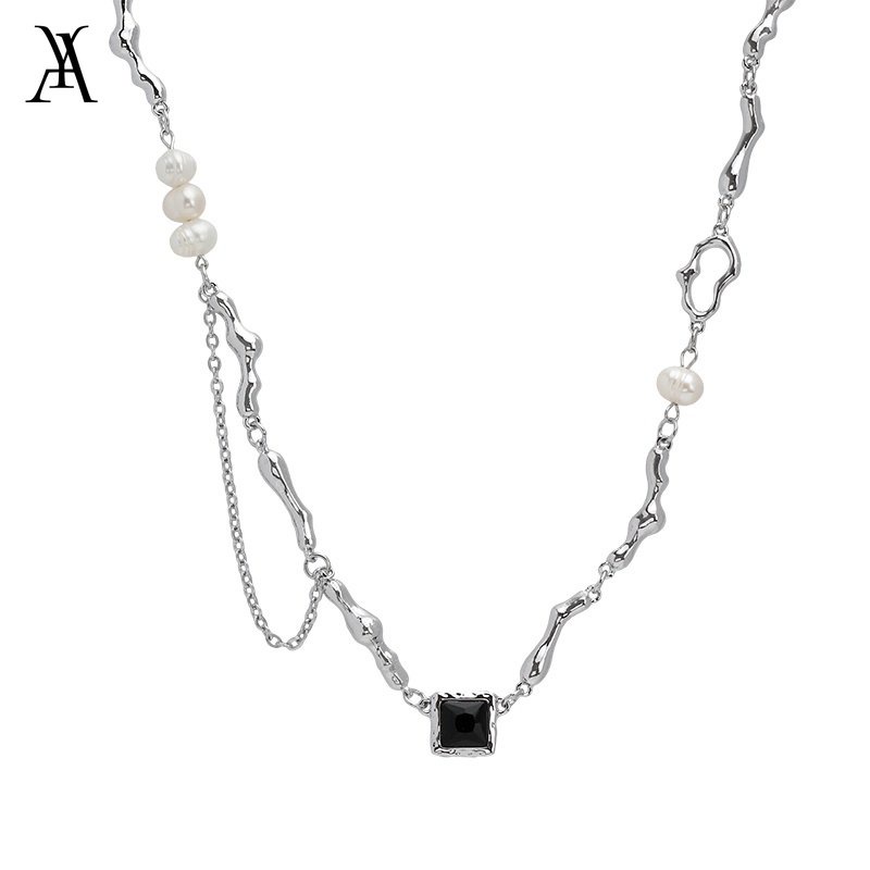 AY(CN) Kalung Persegi Mutiara Baroque Zircon Mewah Choker Rantai Klavikula Silver Untuk Aksesoris Perhiasan Wanita