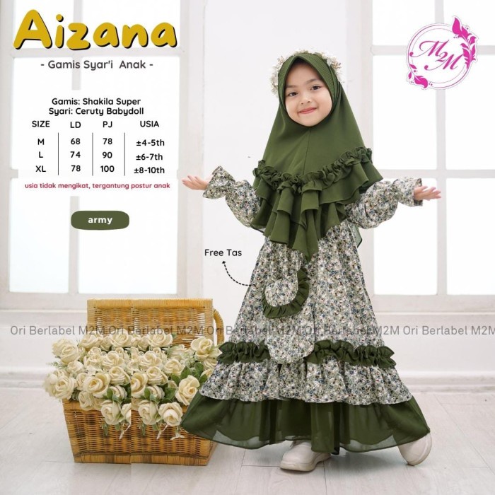 Gamis Syar'i Anak Aizana Ceruty Babydoll By M2M - Army, M