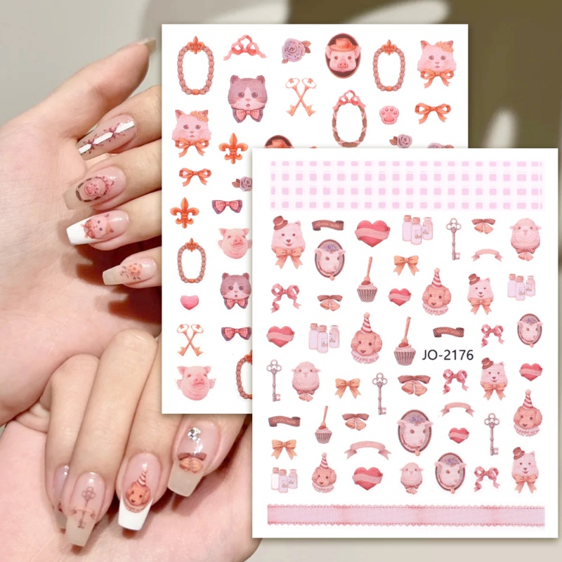 Rococo Style Retro Cute Rabbit Nail Sticker/Kawaii 3D Nail Art Perekat Diri Strawberry Manicure Decal