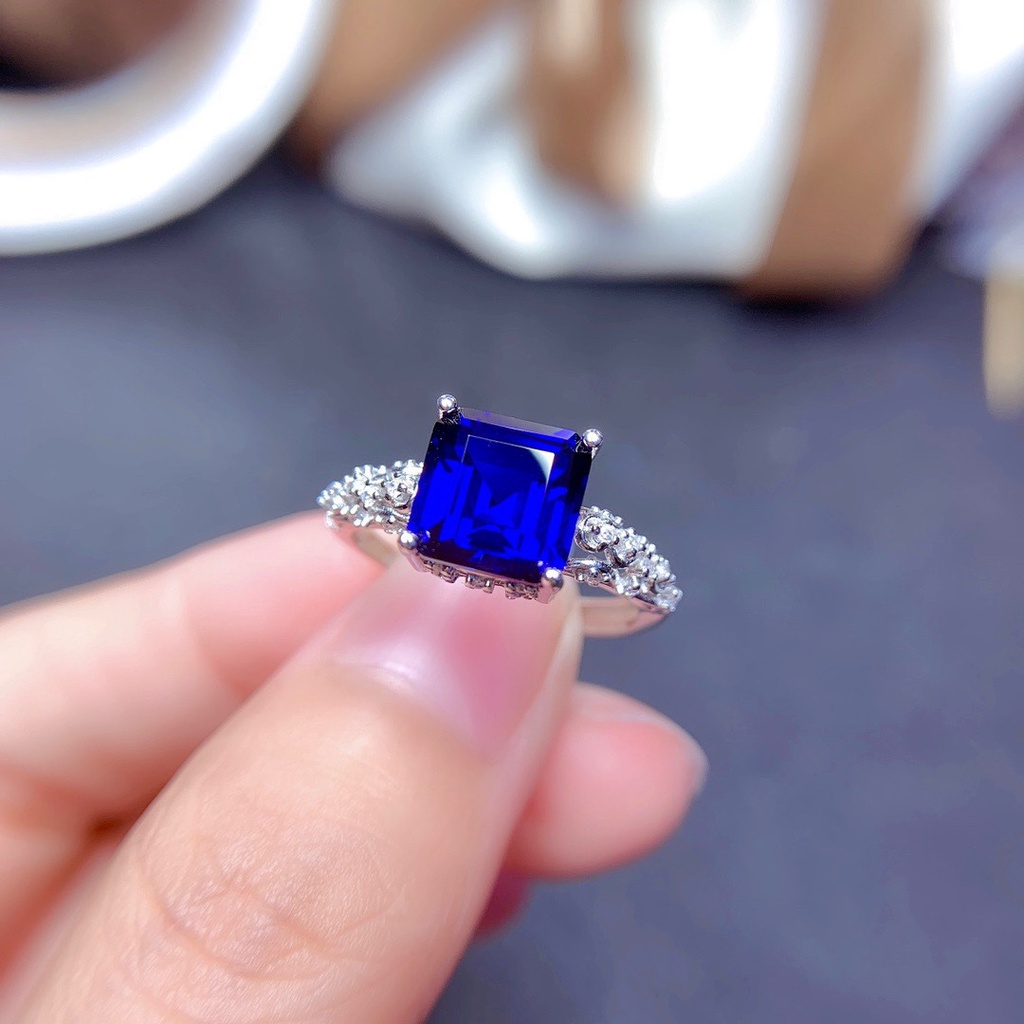 Goldkingdom Fashion Perhiasan Aksesoris Ready Stock Alami Mozambik Garnet Perempuan Cincin Putri Persegi Berlian Royal Blue Adjustable Color Treasure Ring