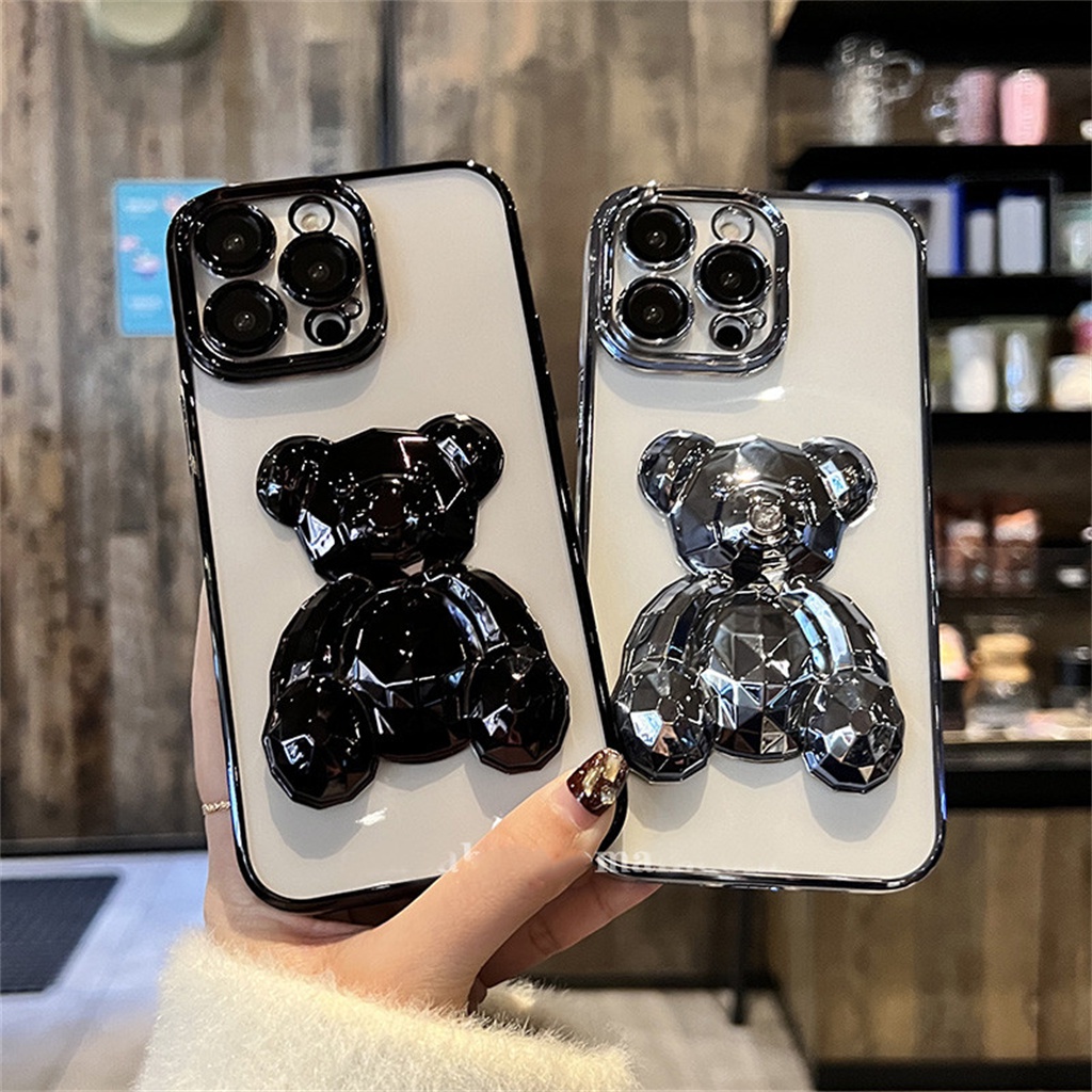 Luxury Metal 3D Cub Case iPhone 14 Pro Max Case iPhone 13 12 Pro Max Case14 Plus Promax Pelindung Kamera Lensa Case Iphone14 Transparan Shockproof TPU Penutup Belakang