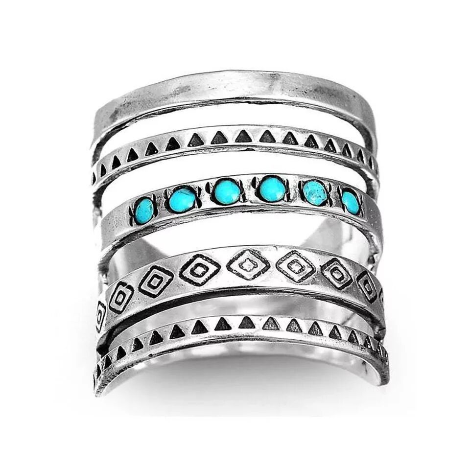 Cincin Bersama Jari Geometris Ukir Antik Modis Aksesoris Pesta Wanita Gaya Bohemian Kerawang Vintage Turquoise Ring