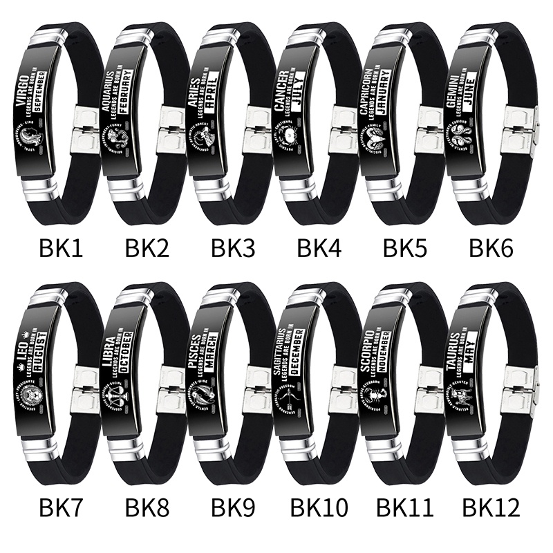 Fashion12 Zodiak Tanda Silikon Bangle Gelang Engravable Stainless Steel Gelang Konstelasi Pria Perhiasan Hadiah Ulang Tahun